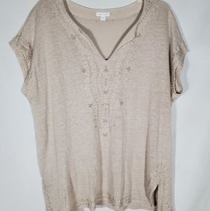 J JILL LOVE LINEN BIEGE SHORT SLEEVE HENLEY EMBROIDERED BLOUSE TOP